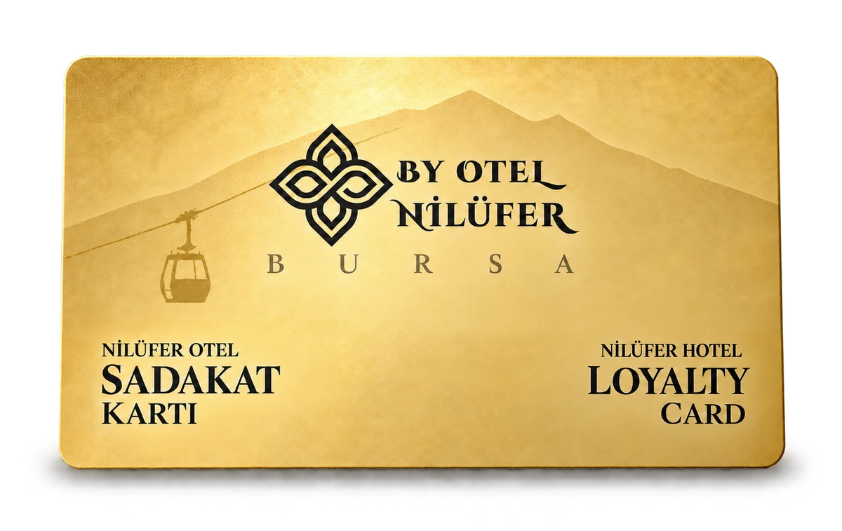 Nilüfer Otel logosu ve Sadakat Kartı / Loyalty Card yazılı üç boyutlu altın sadakat kartı